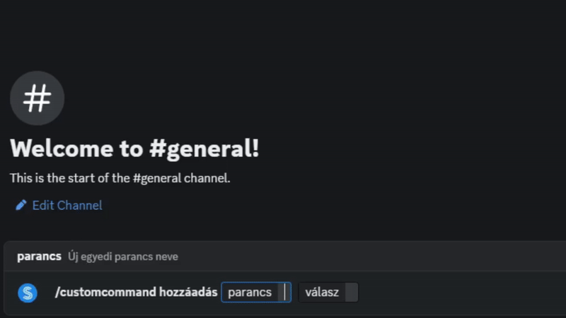Az egyedi parancs hozzáadásának bemutatása 'sasos' nevű paranccsal és 'A legeslegjobb bot' válasz megadásával.